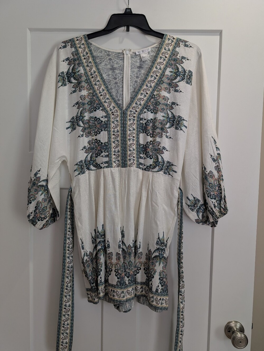 Venus Boho Embroidered V-Neck Romper- White/Teal